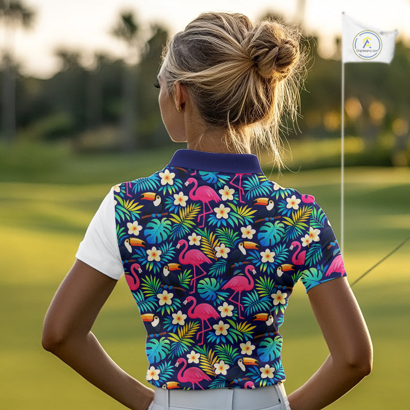 Funny Womens Golf Polo Shirts Custom Tropical Pattern, Golden Retriever Golf Shirt, Dog Lover Gift NHN0196