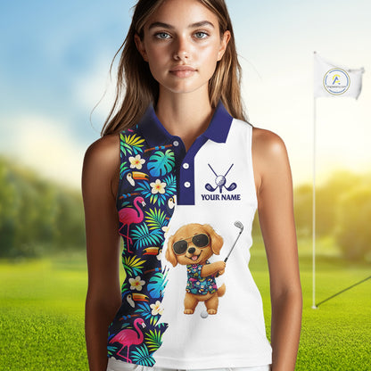 Funny Womens Sleeveless Golf Polo Shirt Custom Tropical Golden Retriever Golf Shirt, Dog Lover Gift NHN0196