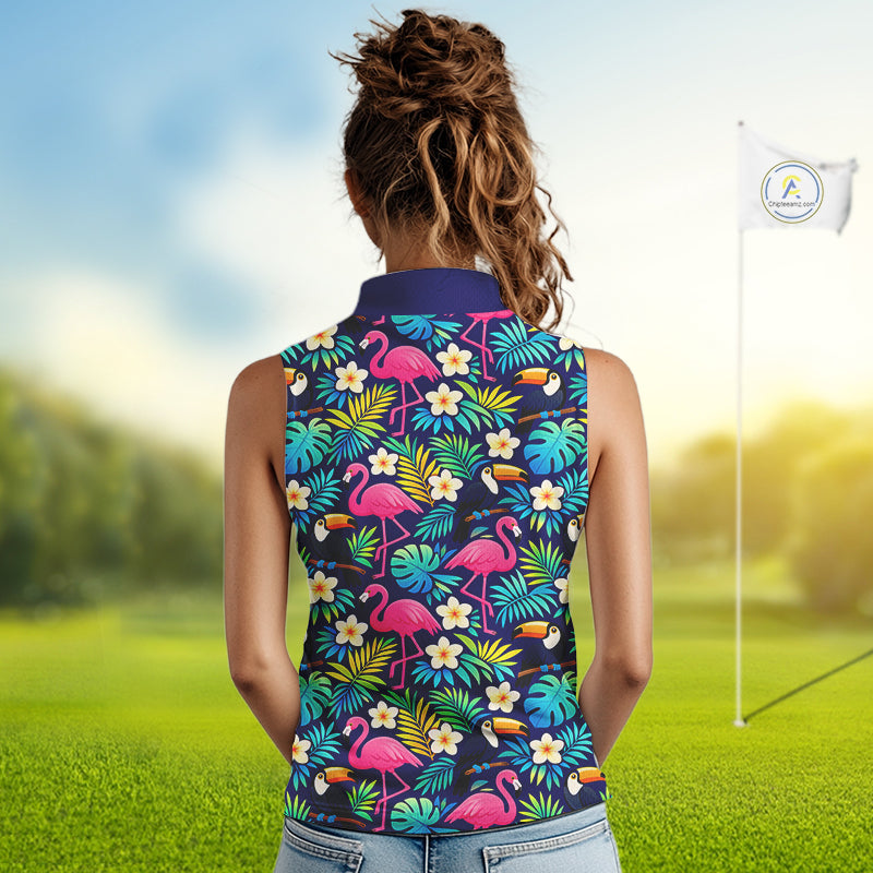 Funny Womens Sleeveless Golf Polo Shirt Custom Tropical Golden Retriever Golf Shirt, Dog Lover Gift NHN0196