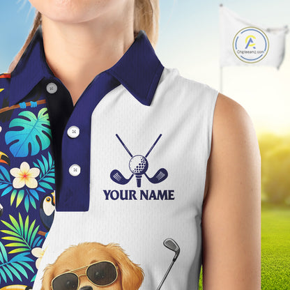 Funny Womens Sleeveless Golf Polo Shirt Custom Tropical Golden Retriever Golf Shirt, Dog Lover Gift NHN0196