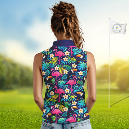 Womens Sleeveless Golf Polo Shirt Custom Tropical Golden Retriever Ladies Golf Tops, Dog Lover Gift NHN0201