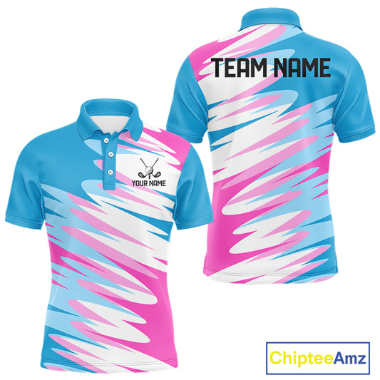 Mens Golf Polo Shirt Custom Blue And Pink Golf Shirt, White Team Golf Shirts Personalized  NHN0076