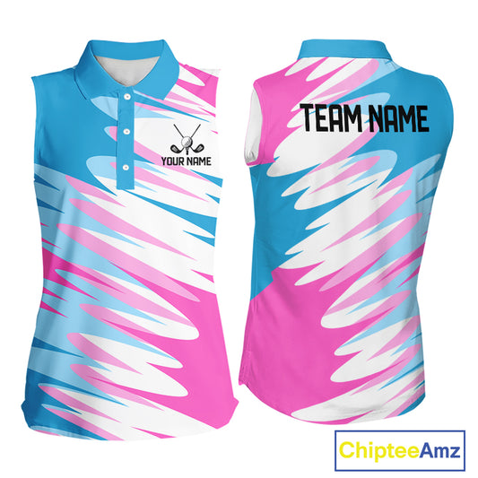Womens Sleeveless Golf Polo Shirt Custom Blue And Pink Golf Shirt Personalized White Team Golf Shirts NHN0076