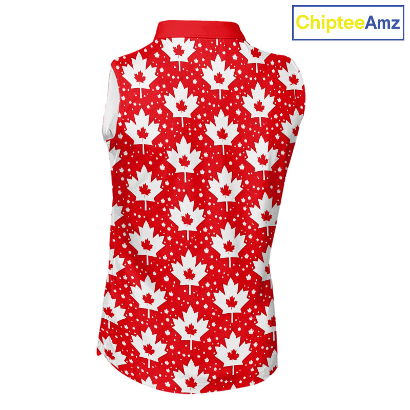 Red Maple Leaves Pattern Canadian Sleeveless Womens Golf Polo Shirts Custom Patriotic Golf Shirts For Men NHN0207