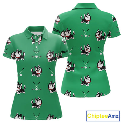 Womens Golf Polo Shirt Custom Funny Husky Green Pattern Team Ladies Golf Tops, Dog Lover Gift NHN0065