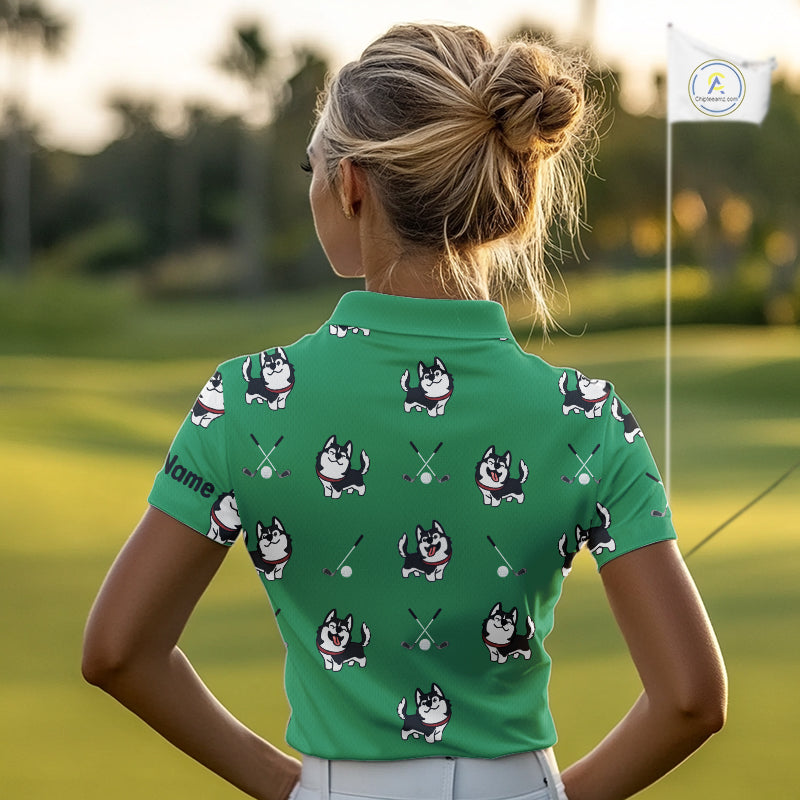 Womens Golf Polo Shirt Custom Funny Husky Green Pattern Team Ladies Golf Tops, Dog Lover Gift NHN0065