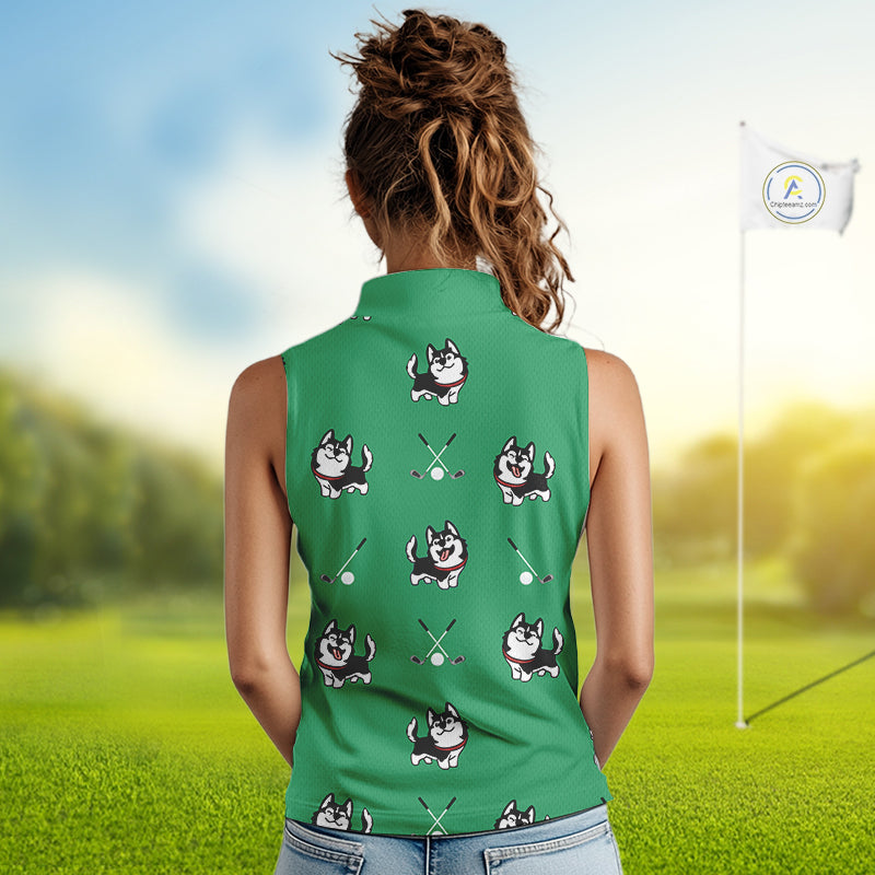 Womens Sleeveless Golf Polo Shirt Custom Funny Husky Green Pattern Team Ladies Golf Tops, Dog Lover Gift NHN0065
