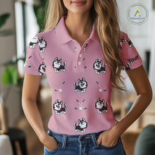 Load image into Gallery viewer, Womens Golf Polo Shirt Custom Funny Husky Pink Pattern Team Ladies Golf Tops, Dog Lover Gift NHN0065