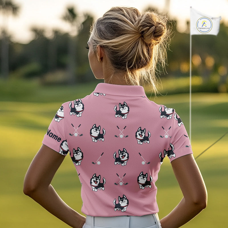 Womens Golf Polo Shirt Custom Funny Husky Pink Pattern Team Ladies Golf Tops, Dog Lover Gift NHN0065