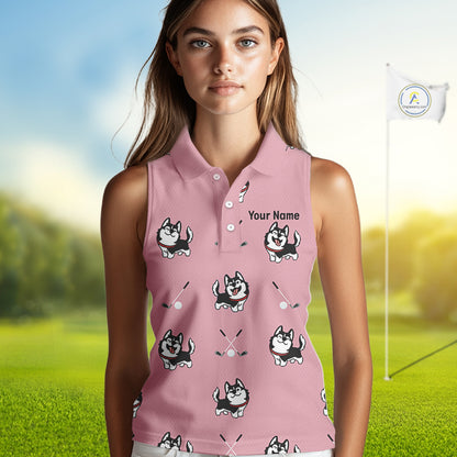Womens Sleeveless Golf Polo Shirt Custom Funny Husky Pink Pattern Team Ladies Golf Tops, Dog Lover Gift NHN0065