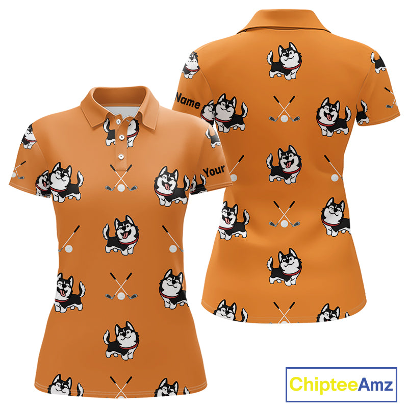 Womens Golf Polo Shirt Custom Funny Husky Orange Pattern Team Ladies Golf Tops, Dog Lover Gift NHN0065