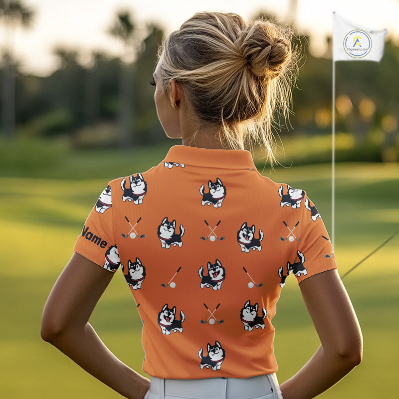 Womens Golf Polo Shirt Custom Funny Husky Orange Pattern Team Ladies Golf Tops, Dog Lover Gift NHN0065