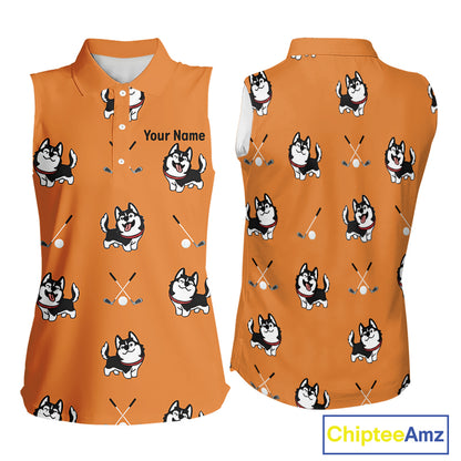 Womens Sleeveless Golf Polo Shirt Custom Funny Husky Orange Pattern Team Ladies Golf Tops, Dog Lover Gift NHN0065