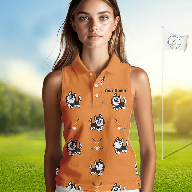 Womens Sleeveless Golf Polo Shirt Custom Funny Husky Orange Pattern Team Ladies Golf Tops, Dog Lover Gift NHN0065