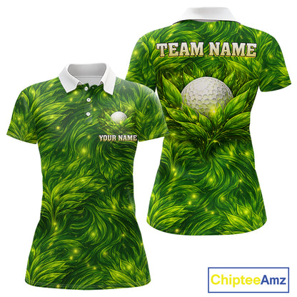 Green Womens Golf Polo Shirt Custom Leaf Pattern Golf Ball Personalized Team Golf Tops, Golf Gifts NHN0222