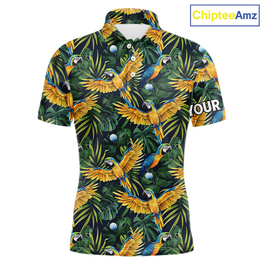 Mens Golf Polo Shirt Custom Colorful Parrots And Floral Tropical Pattern Team Golf Shirts, Golf Gift NHN0092