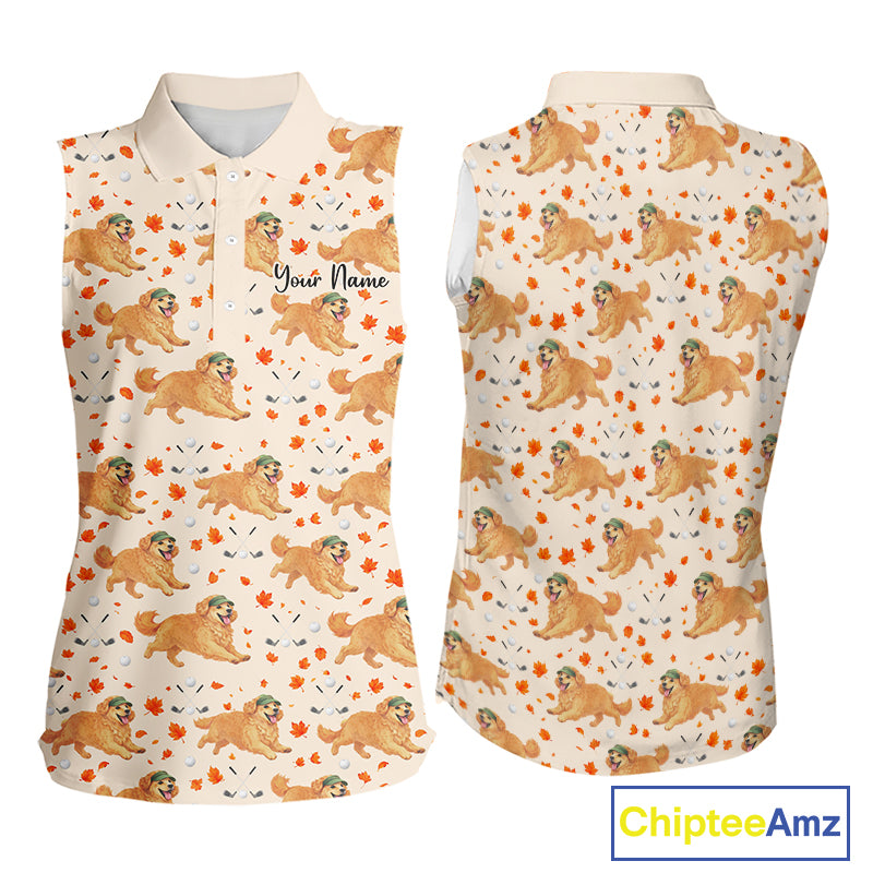 Golden Retriever Womens Sleeveless Golf Polo Shirt Autumn Leaves Funny Golf Tops, Dog Lover Gift NHN0224