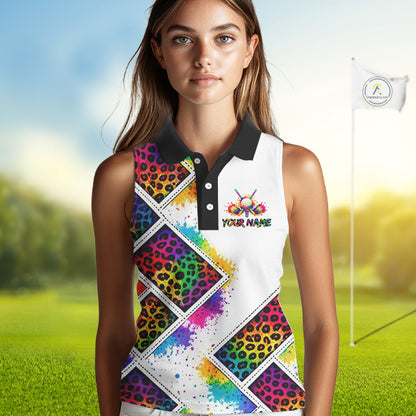 Womens Sleeveless Golf Polo Shirt Colorful Rainbow Leopard Print Pattern Custom Team Golf Tops NHN0227