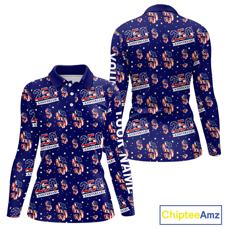 USA 250th Anniversary Womens Long Sleeve Golf Polo Shirt Custom Patriotic American Flag Team Golf Tops NHN0235