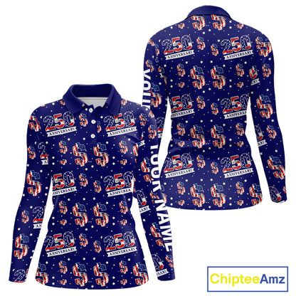 USA 250th Anniversary Womens Long Sleeve Golf Polo Shirt Custom Patriotic American Flag Team Golf Tops NHN0235