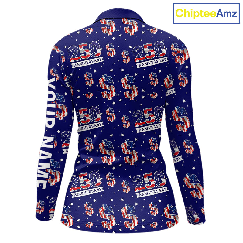 USA 250th Anniversary Womens Long Sleeve Golf Polo Shirt Custom Patriotic American Flag Team Golf Tops NHN0235