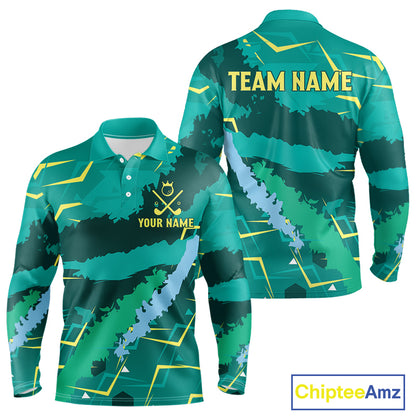 Mens Long Sleeve Golf Polo Shirt Green Golf Clubs Custom Name Personalized Green Camo Golf Tops NHN0016