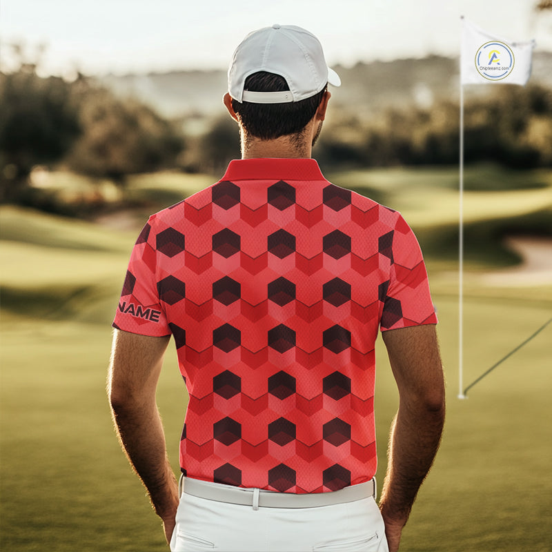 Plaid Mens Golf Polo Shirt Custom Abstract Red Hexagon Pattern Golf Shirts For Men NHN0156
