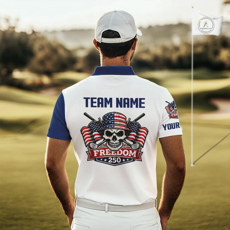 Mens Golf Polo Shirt Custom 250th Anniversary American Flag Skull Golf Shirt, Group Golf Gift NHN0143