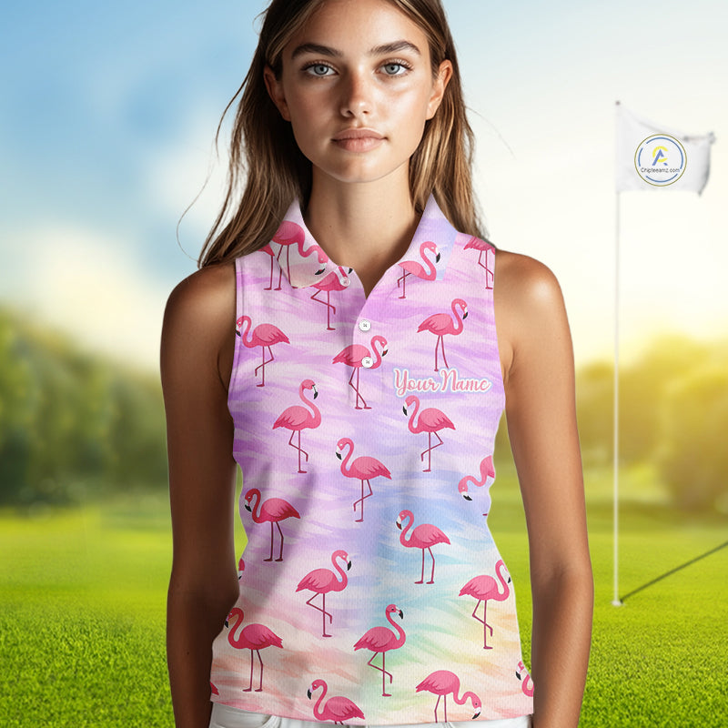 Violet Womens Sleeveless Golf Polo Shirts Custom Funny Flamingo Heart Pattern Team Ladies Golf Tops NHN0174