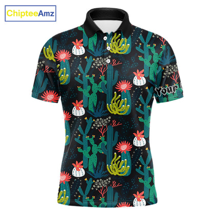 Funny Desert Cactus Pattern Mens Golf Polo Shirts Custom Cactus Golf Shirt For Men, Golfer Gift NHN0186