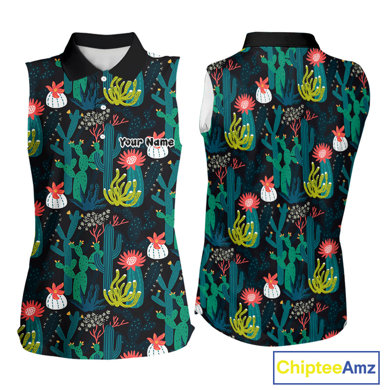 Funny Desert Cactus Pattern Womens Sleeveless Golf Polo Shirts Custom Cactus Golf Shirt For Ladies NHN0186