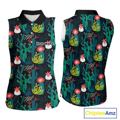 Funny Desert Cactus Pattern Womens Sleeveless Golf Polo Shirts Custom Cactus Golf Shirt For Ladies NHN0186