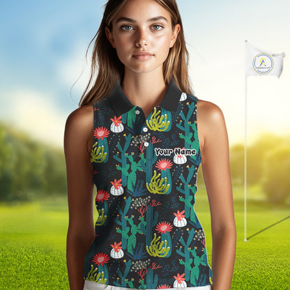 Funny Desert Cactus Pattern Womens Sleeveless Golf Polo Shirts Custom Cactus Golf Shirt For Ladies NHN0186