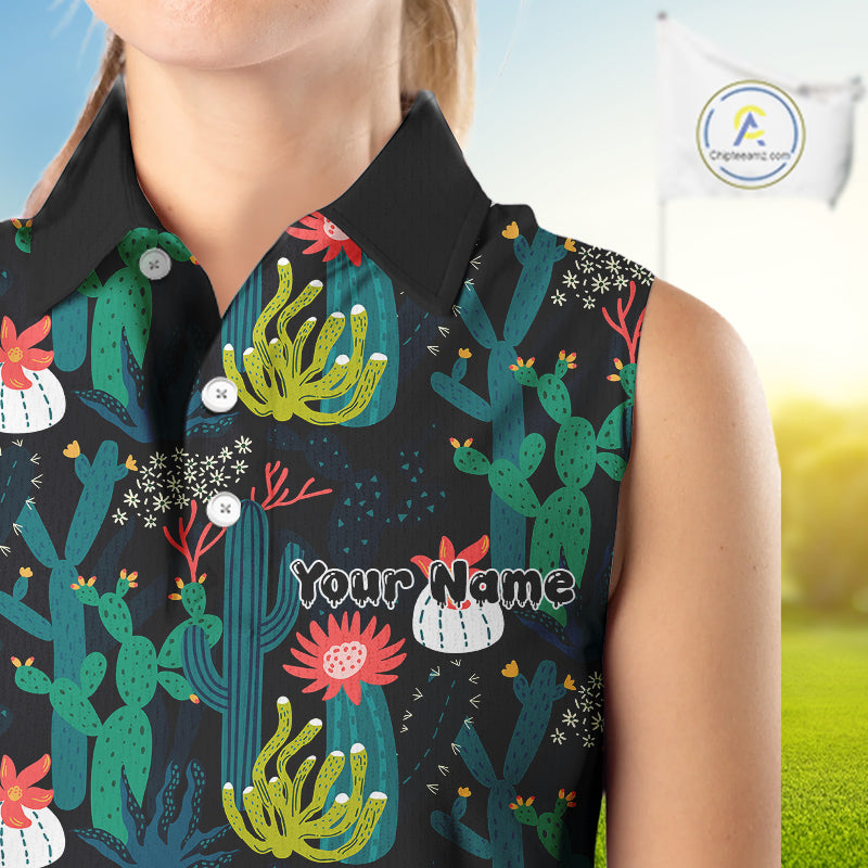 Funny Desert Cactus Pattern Womens Sleeveless Golf Polo Shirts Custom Cactus Golf Shirt For Ladies NHN0186