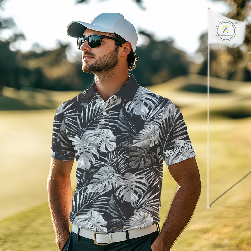 Mens Golf Polo Shirt Retro Floral Pattern Tropical Leaves Custom Team Golf Shirt, Golf Gifts NHN0190