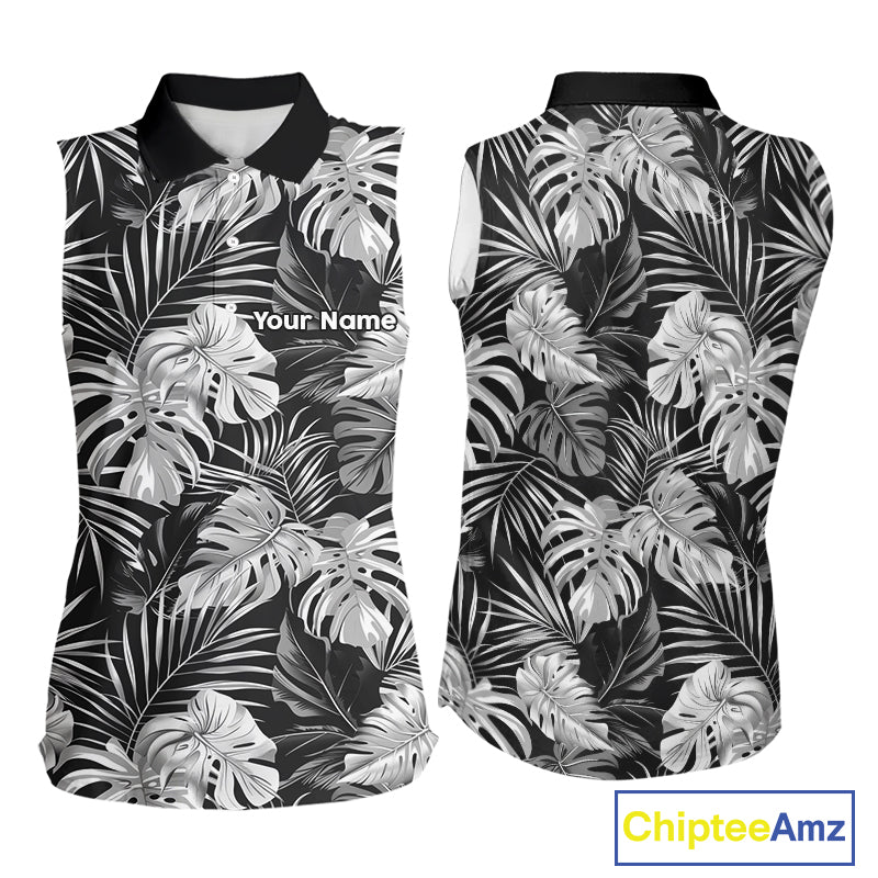 Womens Sleeveless Golf Polo Shirt Retro Floral Pattern Tropical Leaves Custom Team Golf Shirt NHN0190