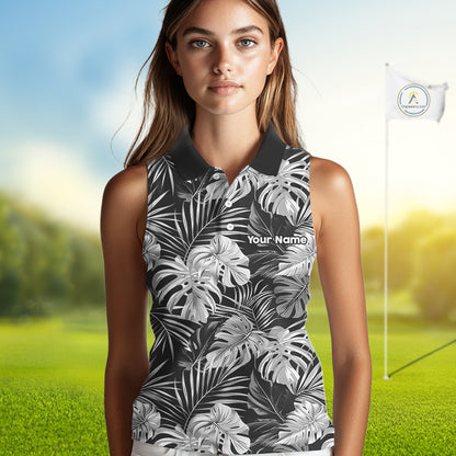 Womens Sleeveless Golf Polo Shirt Retro Floral Pattern Tropical Leaves Custom Team Golf Shirt NHN0190