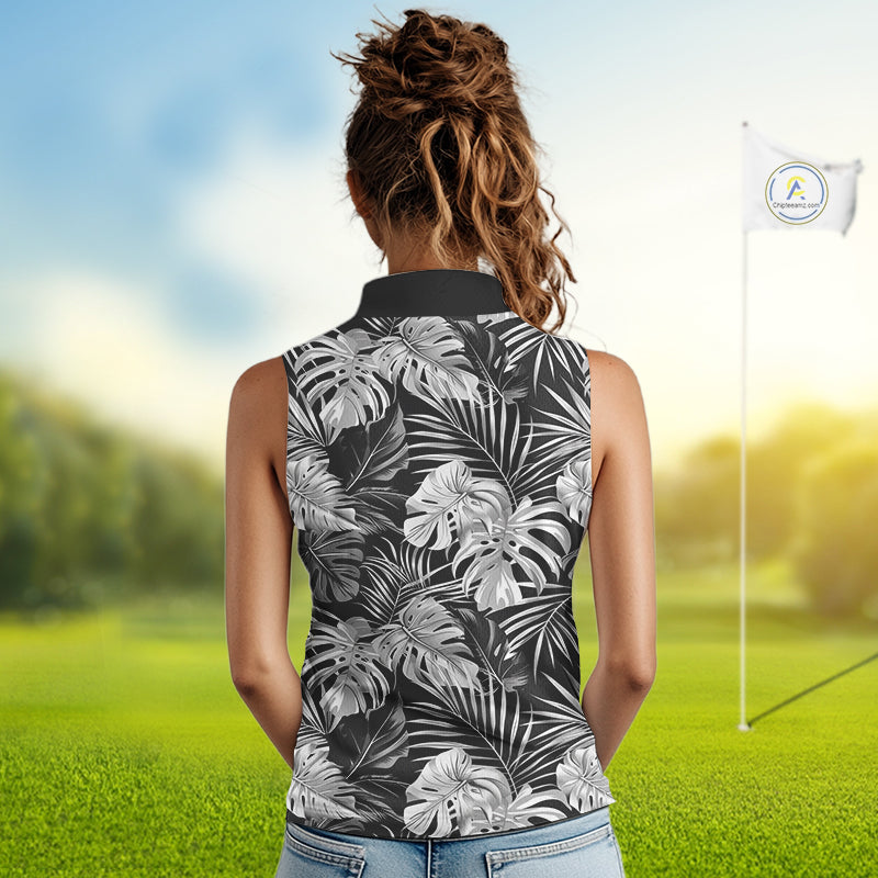 Womens Sleeveless Golf Polo Shirt Retro Floral Pattern Tropical Leaves Custom Team Golf Shirt NHN0190