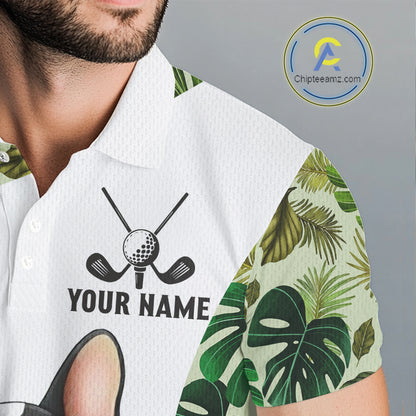 Green Tropical Pattern Mens Golf Polo Shirts Custom Cute Bulldog Golf Tops, White Golf Outfit For Men NHN0067