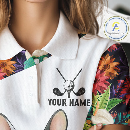Funny Womens Golf Polo Shirt Custom Tropical Leaf Pattern Personalized Bulldog Golf Shirts For Women NHN0067