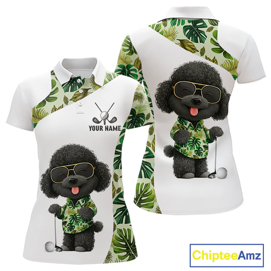 Funny Womens Golf Polo Shirt Custom Tropical Leaf Pattern Personalized Poodle Dog Golf Shirts For Women NHN0067