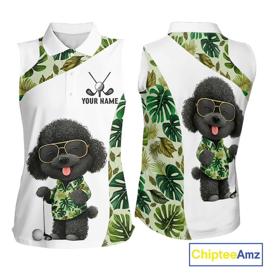 Funny Womens Sleeveless Golf Polo Shirt Tropical Leaf Pattern Personalized Poodle Dog Golf Shirts NHN0067