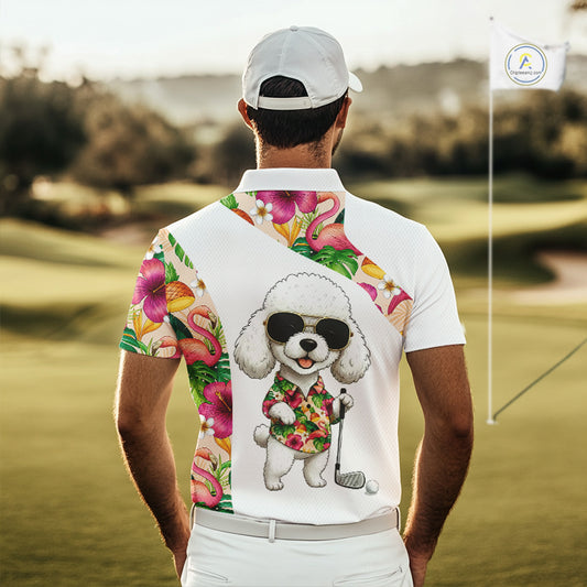 Funny Mens Golf Polo Shirt Custom Tropical Flamingo Pink Pattern, White Poodle Golf Outfit For Men NHN0067
