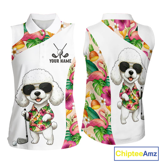 Funny Womens Sleeveless Golf Polo Shirt Custom Tropical Flamingo Pattern, White Poodle Golf Outfit NHN0067