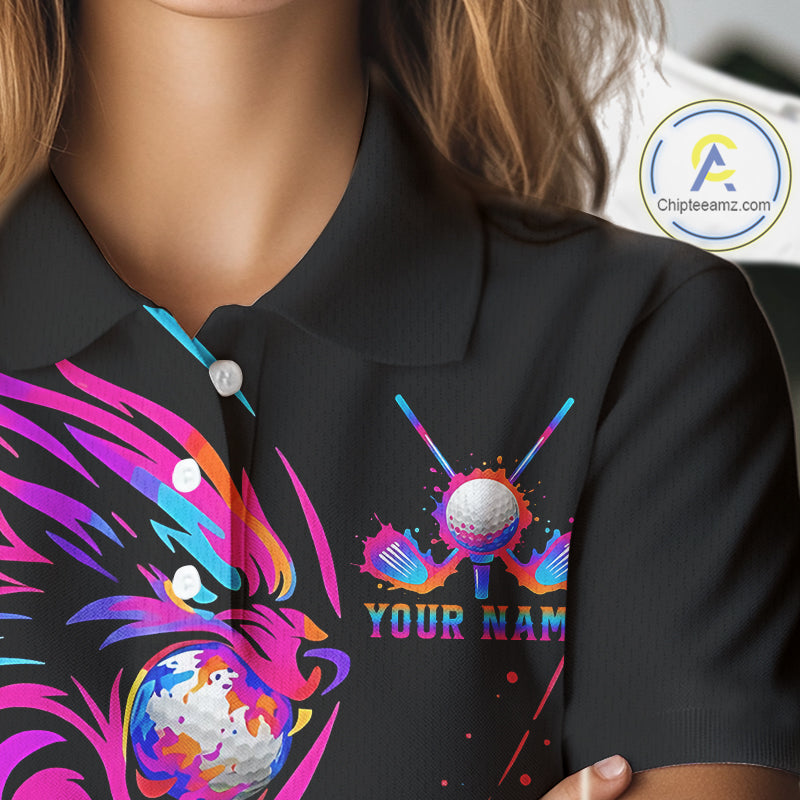 Wolf Womens Golf Polo Shirt Custom Neon Purple Pattern Team Golf Tops, Black Golf Outfit For Ladies NHN0085