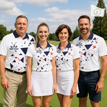 Load image into Gallery viewer, Womens Golf Polo Shirt Custom Orange And Blue Triangle Pattern Team Golf Tops, White Golf Attire NHN0086
