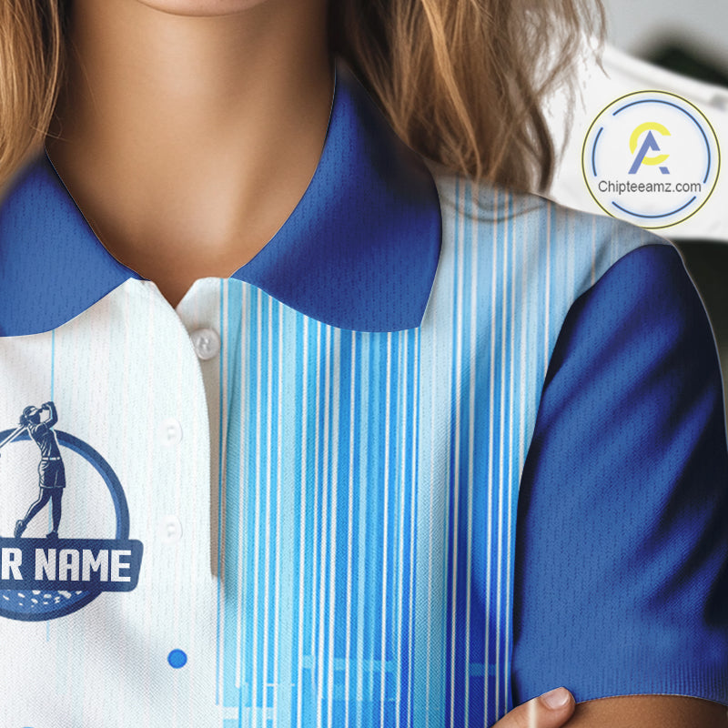 Womens Golf Polo Shirt Custom Blue Pattern Team Golf Tops, White Golf Golf Outfit For Women NHN0087