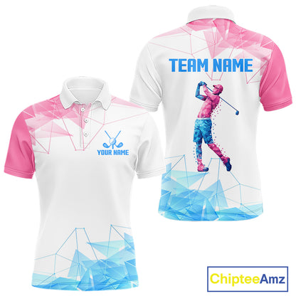 Blue And Pink Polygonal Pattern Mens Golf Polo Shirts Custom White Golf Clubs Golf Shirt For Men NHN0098
