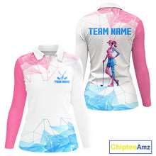 Load image into Gallery viewer, Long Sleeve Golf Polo Shirt Blue &amp; Pink Polygonal Pattern Custom White Golf Clubs Golf Shirts For Women NHN0098