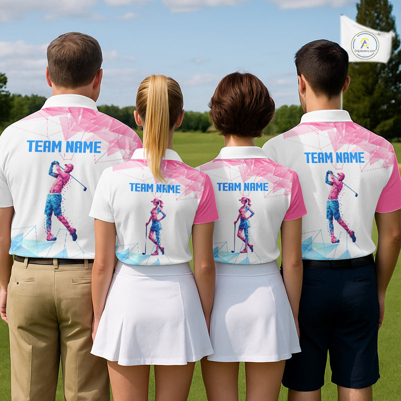 Blue And Pink Polygonal Pattern Mens Golf Polo Shirts Custom White Golf Clubs Golf Shirt For Men NHN0098